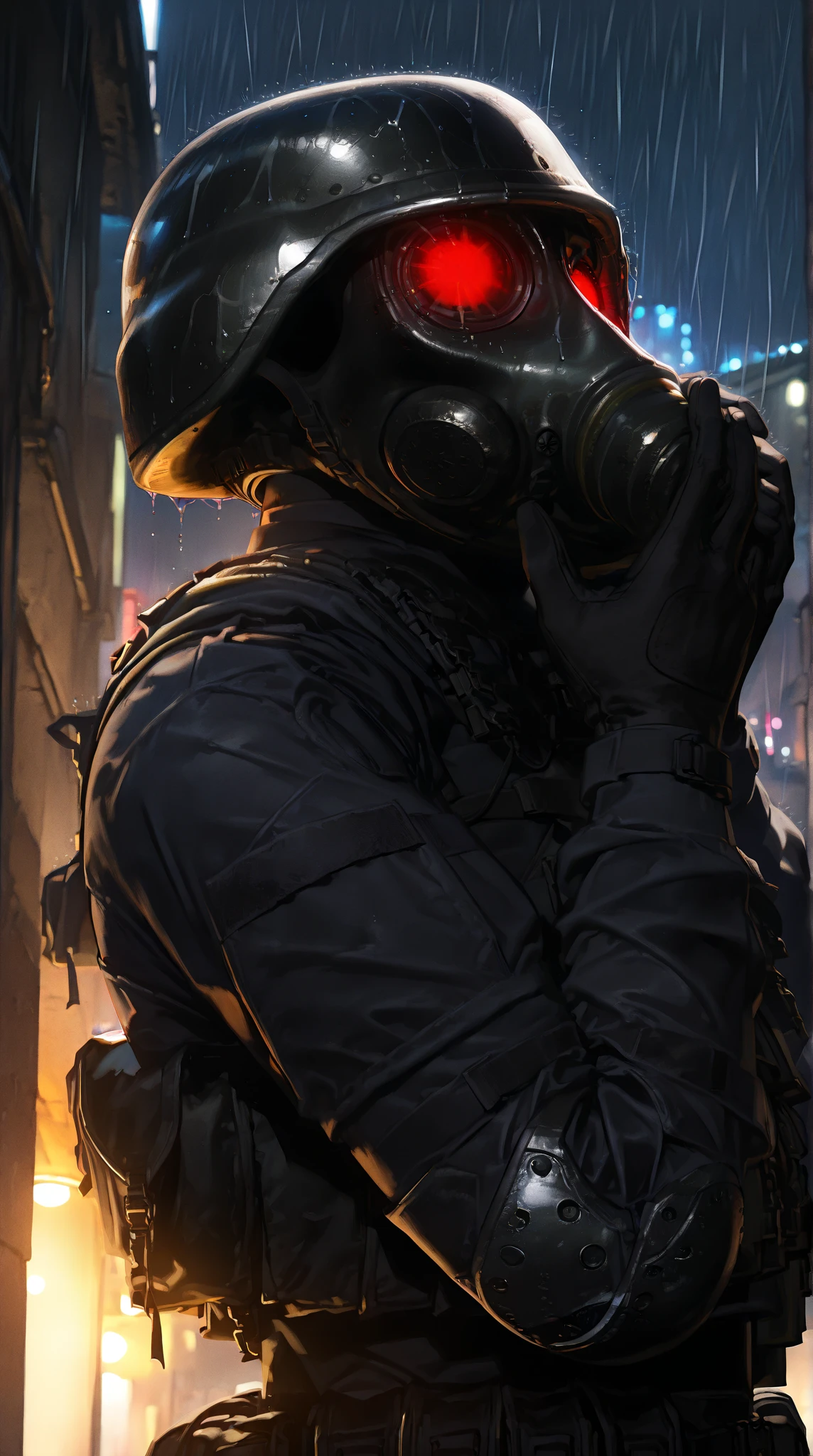 1boy, hunkRE, helmet, , tactical gear , military, glowing eyes, standing, night time, low ilumination, dim lighting, , dark basement, horror style , extreme detailed. (obra maestra, altamente detallado, la mejor calidad, 8k). (masterpiece, best quality, vibrant, very aesthetic, high contrast, semrealistic, semirealistic , highly detailed , newest,), side view, Rain, Wet, volumetric lighting, particles effect, hands on face, looking up, solitude, Loneliness, sadness, crying 