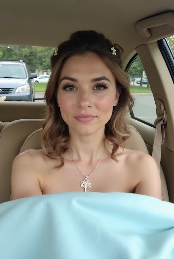 1 beautiful woman, big eyelashes, glossy lips, asleep drooling, sweating, asleep with her mouth open, snoring, asleep lying on the bus, head resting on the seat, eyes closed, painted eyelids, made up, beautiful body, wedding dress sexy; Lilac lipstick, full body, looks like actress Bryce Dallas Howard, lucy pinder.