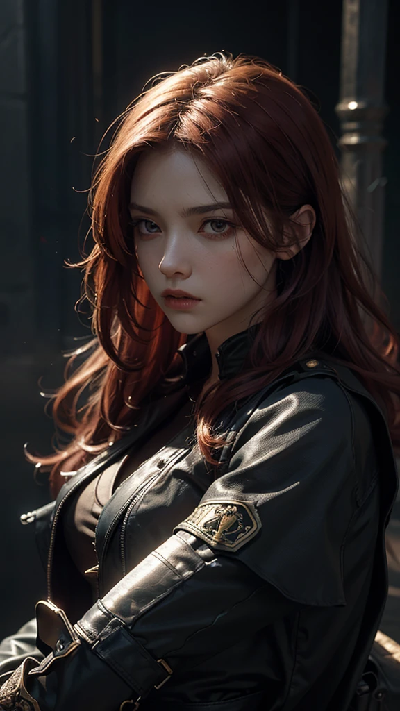 ((best quality)), ((Masterpiece)), (details:1.4), 3d, Image of a beautiful cyberpunk woman., HDR (high dynamic range), long hair, red hair, future police, PBR surface,After processing,Anisotropic filtration,depth of field, Maximum clarity and clarity, multi-layered surface, perfect proportions, 8K raw files, future world, at night