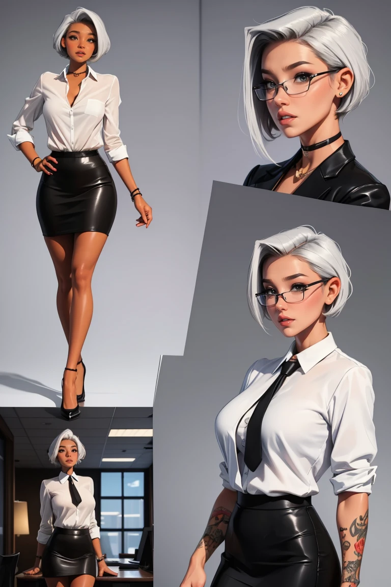 ((Masterpiece, Highest quality)), Detailed face, (character design sheet), full bodyesbian, Full of details, frontal body view, back body view, Highly detailed, Depth, Many parts, Multiple poses and expressions (mature woman with long ponytail grey hair) (light blue eyes), 35 years old, (name:Alexa Summer) ,dominant gorgeous girl, same character, muscle body, (Ebony:1.4), dark skinned girl, evil smile, angry expression red lips, (business suit), girl tall, chokers, (Sexy Office Lady ), tattoos, glasses, short black skirt, white shirt, pantyhose, stocking