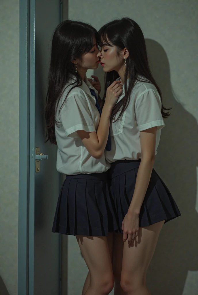 (realisitic, photo-realisitic:1.4), (best qualityer,work of art:1.2), CRU photo, high resolution, details Intricate, extremely detaild, sharp focus, cinematic lighting, (whole body, frontal photograph:1.5), (couple, twogirls, a tall girl and a short girl:1.6), Japanese women standing, (couple hugging tightly each other and kissing roughly:1.5), (grabbing another's arm, grabbing someone else's ass), leaning against the wall outside the classroom, Smaller face, fine tune, Scrawny, 苗条, fine tune legs, (blazer, overskirt, naked legs, Stockings, moccasins, wearing a tokiwadai school uniform:1.4), dark hair, (face detailed, beautiful detailed eyes, sophisticated nose), pale skin,
(peeing alone, urinate a lot while holding your groin, urination:1.8), (big puddle of pee, pee stain, pee running down your legs),
photo background, Inside the house, corridor,