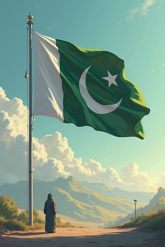 Create a landscape picture, blurry background of rockyhills and pakistan flag on  the road.