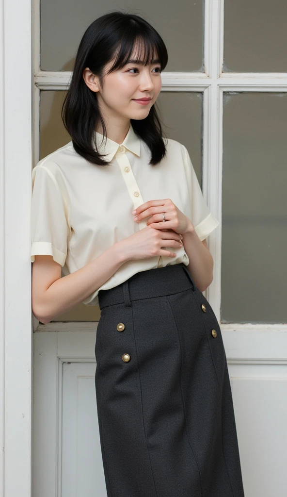 ,1 girl,alone, Sunlight, collared shirt, Upper body,