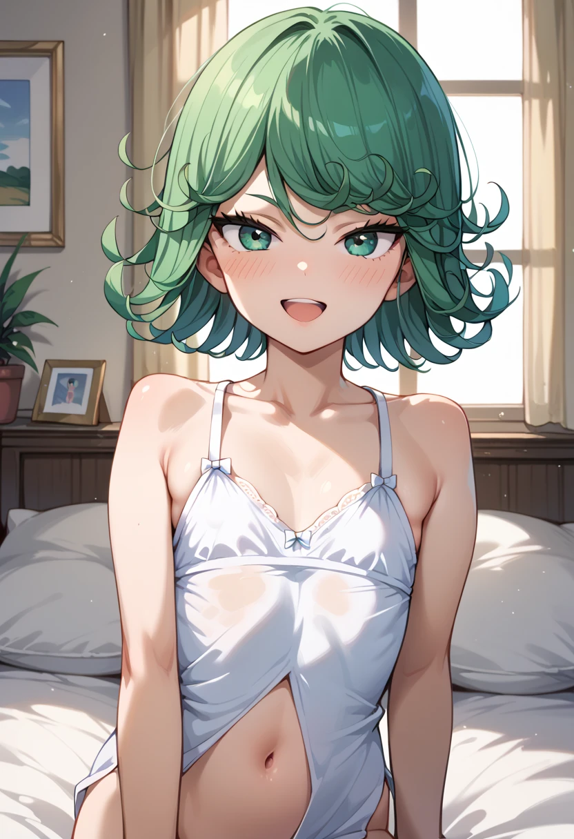 (high res, 8K, masterpiece, looking at viewer, best quality, very aesthetic, ultra detailed, ultra background, ultra Eyes) intricate details, 1girl, Tatsumaki, White wedding dress, White heels, Bringing flowers, green short hair, green eyes, smile face, Cheeks Flushed, Background Wedding Event, Cinematic Angle