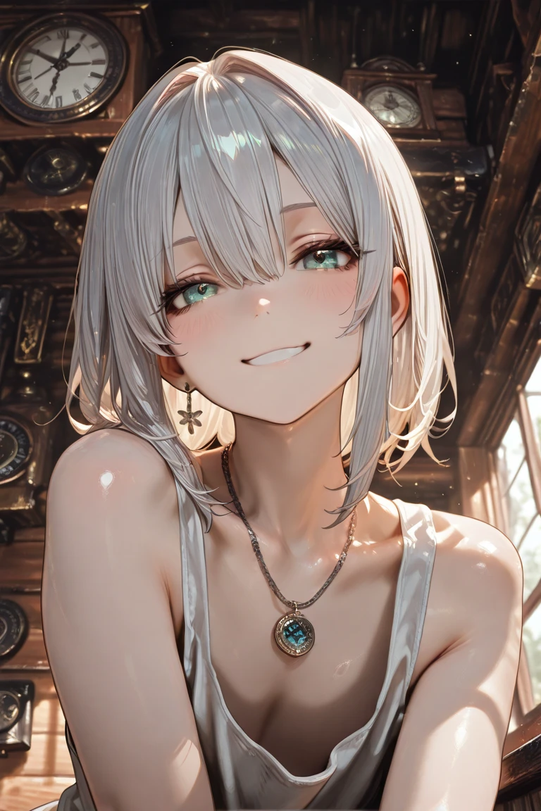 white_hair Droopy eyes Fleeting calm mild mischief Smile cute_girl cat ears Cat mouth green_eye Belt on torso full_nude gravure photos