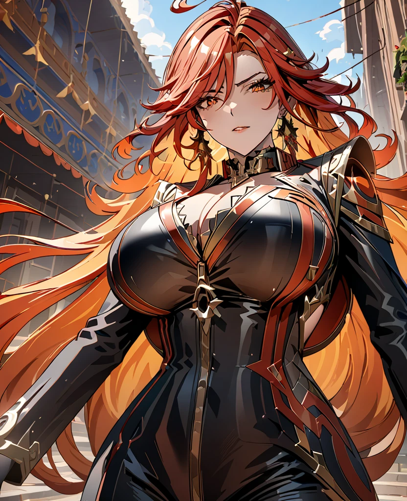 (best quality,4k,highres,masterpiece:1.2),ultra-detailed,realistic:1.37, portraits, (((long flowing red hair))), beautifully fair skin, black outfit, (((piercing orange eyes))), sensual pose, ((subtle black spots, mysterious aura, monochromatic colors)), mature woman, ((black horn))