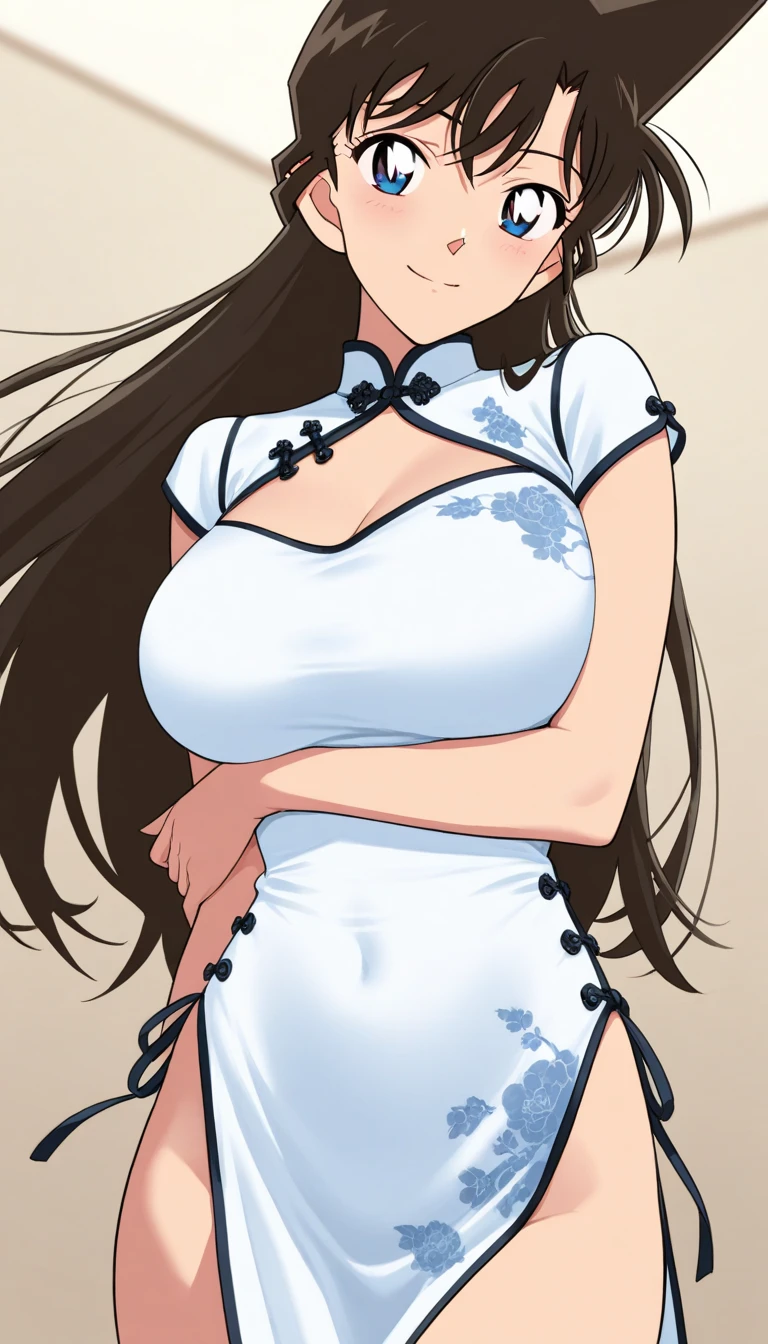 best quality, masterpiece, highres, solo, {yamato_kantaicollection:1.15}, long_hair, brown_hair, ponytail, hair_ornament, flower, hair_flower, brown_eyes, smile, breasts, cherry_blossoms, large_breasts, very_long_hair, blush, hair_between_eyes, 1girl, ((white dress)), leaky shoulders, bandeau, cleavage, big , 