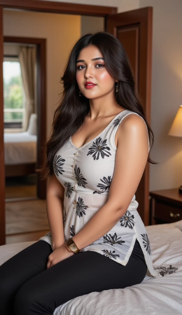 Jaya Prada 29 years old beautiful different face cute sexy Indian girl, curvy figure, beautiful different colorful short sexy' dress ,  biggest breast, different bun hairstyle, bright eyes, thin eyebrows, fair skin, blushing cheeks, head to thigh view, smiling face, Kamasutra expression, Straight front view standing beautiful different meri Christmas village background, ultra realistic, head to thigh view, black hair, Provocative eye Contact, glossy lips,  attractive eye contract face, wearing night bed sexy dress very short thin dress at night bad, laying on night bade, wel night lighting, background flower of lele pond 
