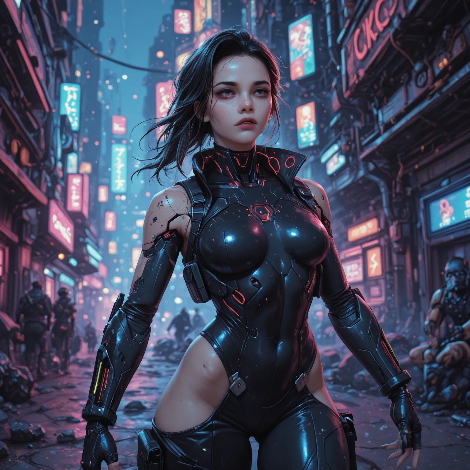 Cyberpunk neon city at rainy night, Highly detailed and beautiful female cyborg warrior standing in the rain, intricate mechanical parts, glowing cybernetic enhancements, flawless skin, delicate facial features, beautifully detailed eyes, sharp nose, full, Beautifully detailed lips, long eyelashes, highly detailed eyes and face, perfect and ideal proportions, big , tight waist, big butt, seductive look, six pack, belly button, tattoos, Cyber Rifle aimed at viewer, rain effect, neon lights, wet asphalt, puddles, skyscrapers, dark cloudy sky, moody atmosphere, dramatic lighting, cinematic composition, vibrant colors, intricate futuristic armor, graceful pose, piercing gaze, (Highest Quality, 4k, 8k, High Resolution, Masterpiece:1.2), ultra detailed, (Realistic, Photorealistic, Photorealistic:1.37), complex machinery, advanced technology, dynamic action, dramatic shadows, cinematic angles, intense expressions, dramatic lighting, neon highlights, intricate patterns, futuristic settings, ultra detailed faces, cinematic composition, dynamic poses, intense atmosphere, rich colors, advanced weaponry, cyberpunk, sci-fi, digital art, mecha,