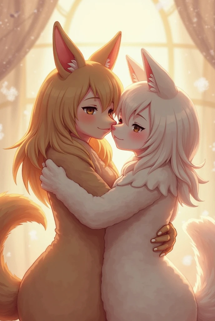 (fluffy anthro furry :1.6),(young :1.6),cat girl,small breasts,pink long hair,wavy hair,messy hair,pink fur,gold fox ears,neck fur,blue eyes,ultra detailed fur,short cute white dress,lace cloth,revealing cloth,see through,nipples contour obivious,sexy,luxury bedroom,moring,sunlight through window,white curtains,golden sunlight,looking at viewer,full face blush,passionate face,kissing,two eyes closed,front view,upper body only,selfie,very hot