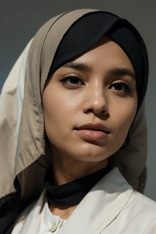 A beautiful white Asian girl wearing a long black hijab 