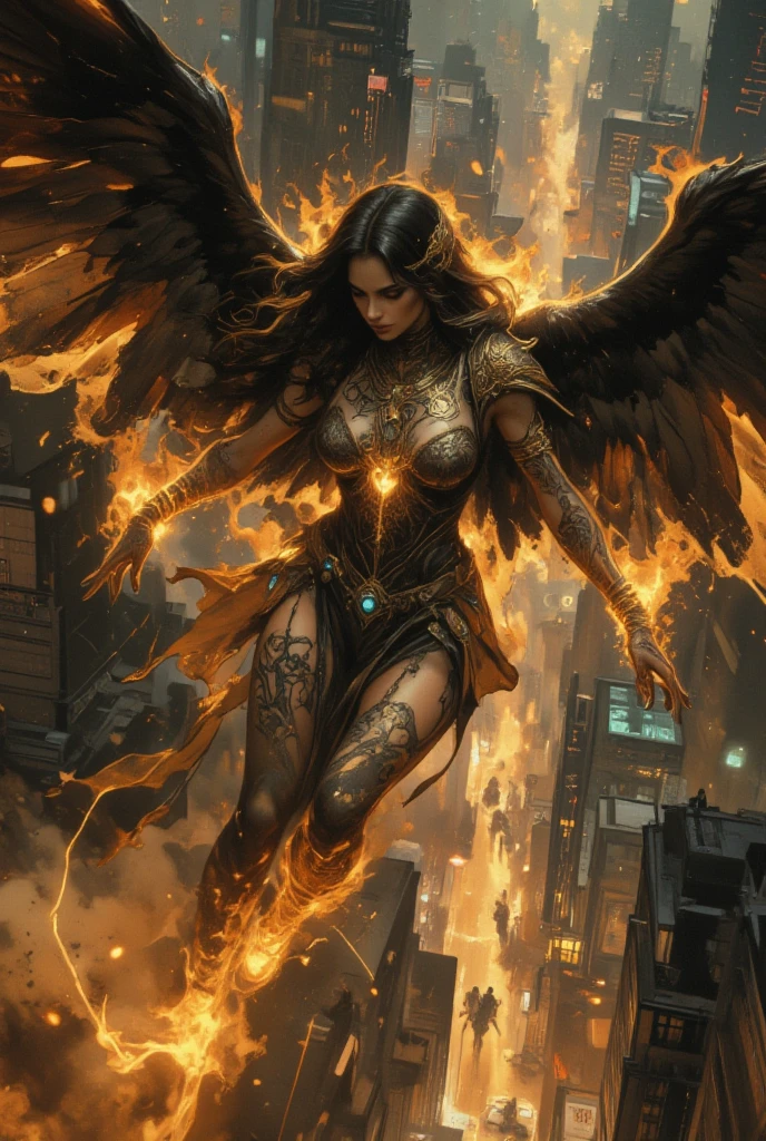 ((Female Fallen Angel sexy)), with ((burning wings of fire)), descending from a ((sky of soft, billowing clouds)) and a ((dark burning cityscape at night)). Her ((strong physique)) and ((glowing eyes)) reveal her nature as a ((heavenly warrior)), and her ((mixed-race features)) add an aura of mystery and beauty. Her ((short military haircut)) denotes her determination in her epic battles. It is a scene both ((majestic)) and ((supernatural)), combining elements of ((fantasy)) with an epic touch. The image is filled with ((vibrant colors)) that contrast with the ((dark tones)) of the burning city and the soft clouds in the sky, evoking a sense of power and transcendental strength.