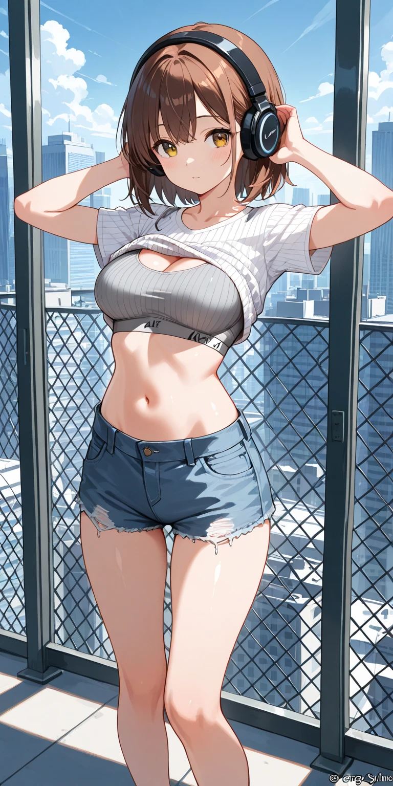 (realistic photo:1.5), (masterpiece:1.0), (best quality:1.3), Ultra Detailed, sharp focus, full color, (Depth-of-field:1.0), (super fine-illustration:1.0), (Blue sky, white clouds:1.0), from side,
(1girl, solo:1.3), (college age:1.0), slim body, big breast, swimsuit, shorts, navel, midriff, ((glasses)),
gts, giantess, cityscape
