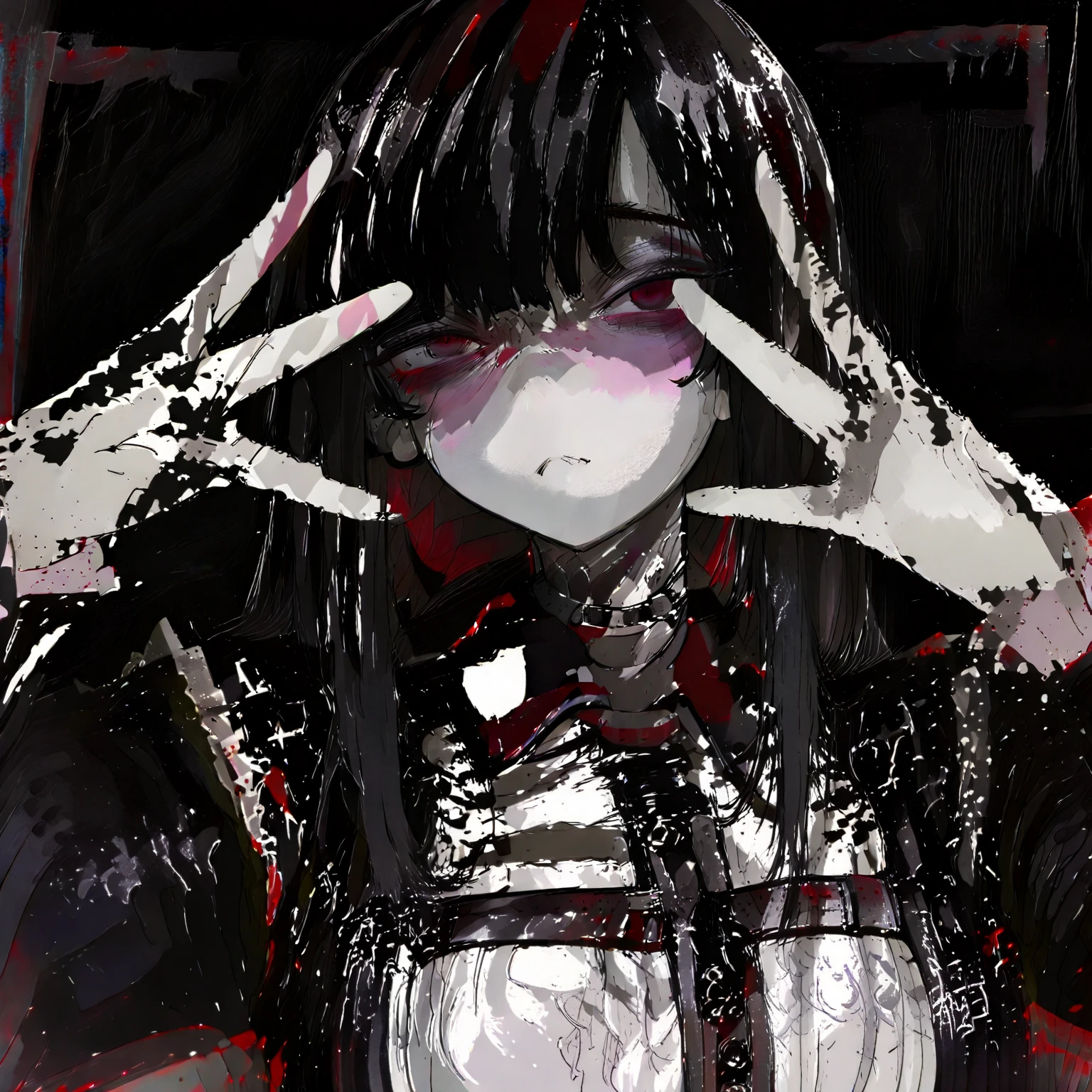 masterpiece, newest,absurdres, incredibly absurdres,sketchy brushstrokes, sketch,film grain,   <lora:748cm_illu:1>,7481llu,sketch,manga cover,music cover, dynamic pose, 1girl, solo,jewelry, ear piercing,  bangs, piercing, nail polish, earrings, red bow, collared shirt, black jacket, ring, off shoulder, chain halo, bandaid,    long hair, halo, black hair, shirt, black nails, bow,glitch censor,eye censor,surreal, glitch halo,square,symbol, white shirt, jacket, looking at viewer, upper body,black eyes, long sleeves,abstract background, glitch_background ,double exposure,mosaic art