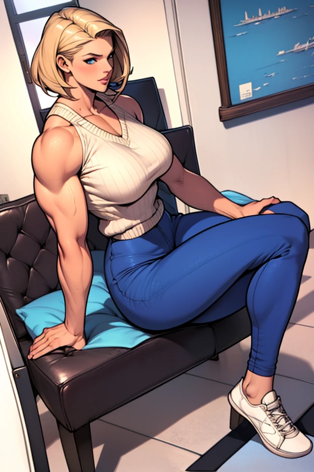 Professora mulher sentada na mesa dentro de uma sala de aula, jeans, blusa branca, musculosa , with feet facing the camera, muito brava, rosto bravo, cabelo vermelho, decote na blusa, bunda grande, peitos grandes