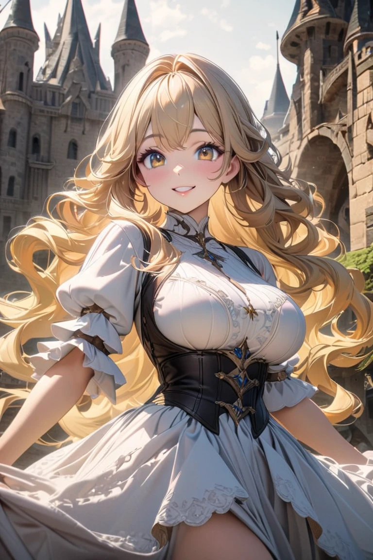 1girl, 11 years old, smile, looking at viewer, solo, gold dress, jewelry, bracelet, earring, detached sleeves, forehead, long hair, palace