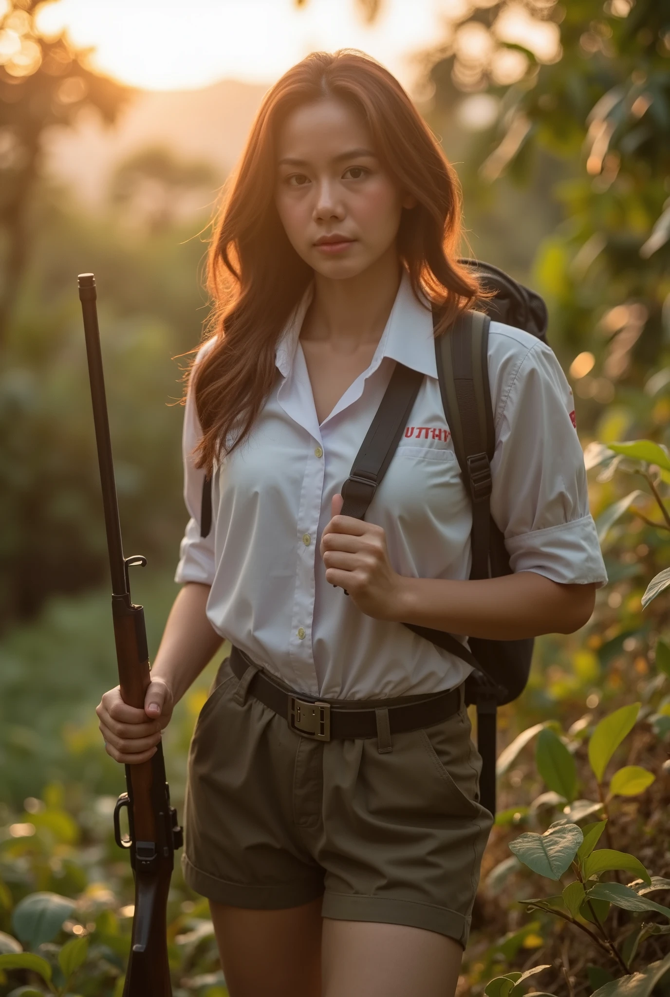 A stunning Thai model stands tall, her full body posed in a dynamic hiking outfit, a crisp white shirt accentuating her toned physique as she navigates the rugged terrain of a deep, primeval forest, the warm glow of sunset casting a golden light on her features, her eyes, a piercing sharpness, locked onto the camera with a fierce intensity, her skin radiant with a smooth, luminous complexion, every detail a testament to her breathtaking beauty, as the dense foliage of the forest, a vibrant tapestry of greens, surrounds her, the air thick with the scent of blooming wildflowers and the distant call of exotic birds, the atmosphere electric with the thrill of adventure, the model's presence commanding attention, her spirit unbreakable, her beauty unforgettable, all captured in breathtaking high resolution, a cinematic masterpiece that transports the viewer to a world of primal wonder. holding hunter riffle gun