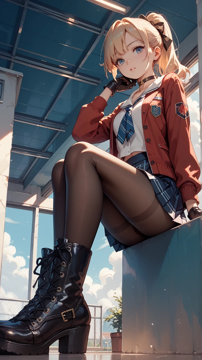 best quality, masterpiece, photorealistic, realistic, ultra high definition, ray tracung,Stepped on by a girl,Muchimuchi thighs,a miniskirt