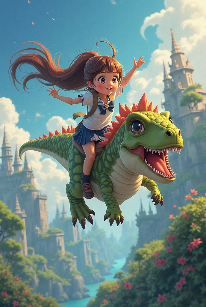 A girl riding a giant grasshopper to school