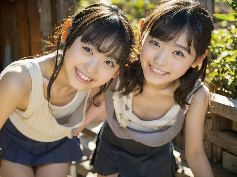 two girls、fun atmosphere, beautiful and fine eyes, cute hairstyles, Vivid costumes, pose playfully, wood々sunlight shining through the gap, soft shadow, Bright colors, lively look, zora々energy, laughter and giggles, delicate flowers,、friendship and bond, capture happy moments, Moderate: Top quality digital illustrations, High resolution), super detailed, realistic, Vibrant color palette, Natural light、light colored room wear
