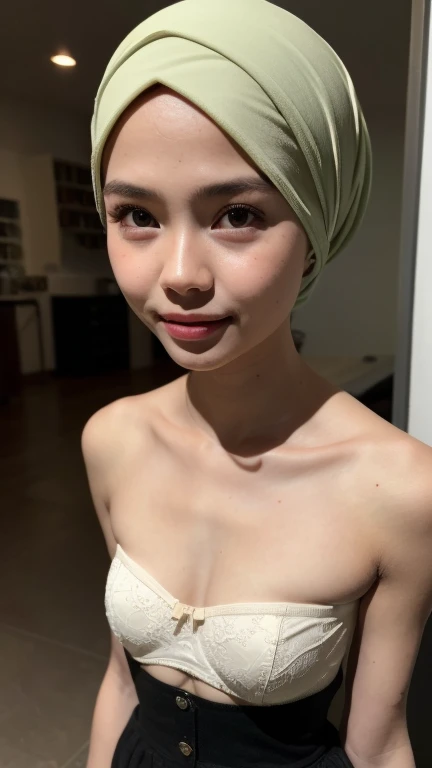((half body portrait)), G-STRING & THONG, (from behind out) seductive pose, ((Flat Chest:1.2)), (Happy smile), (((HIJAB MALAY GIRL))), masutepiece, High quality, UHD 32K, Realistic face, Realistic skin feeling , A Japanese Lady, 58 years old matured lady, , Very cute and baby-like face, (((FLAT CHEST))), (Night time at forest), ((look In front at the camera and SADNESS)), (((GREEN FLUORESCENT & GREEN FLUORESCENT))), (((CUTE GIRL))), ((GREY FLUORESCENT LIPS)), ((Fl???? Pattern)) little ((wearing pastel lace strapless bra)), dark night background , black forest night, horror scary place,