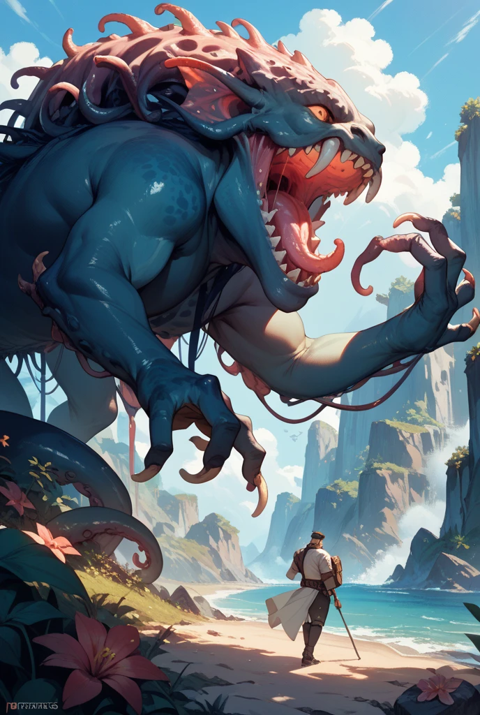 homem musculoso, pele marrom , cabelo raspado, sem camisa, sunga verde, no fundo no oceano escuro, next to several sharks, Peixes, A huge red octopus with long tentacles, uma baleia enorme, pequenas aguas vivas.