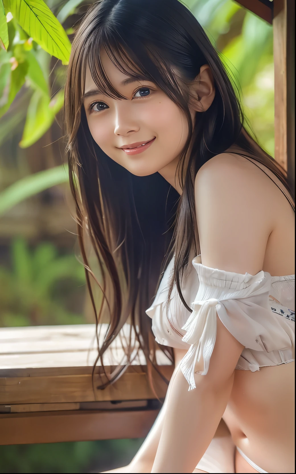 ・Women of Mucha、photorealistic, Highly detailed face, 4K、 1girl in, (official clothing: 1.4), Long hair, ssmile、smile , beautiful , thighs、Legs、 Bikini ,