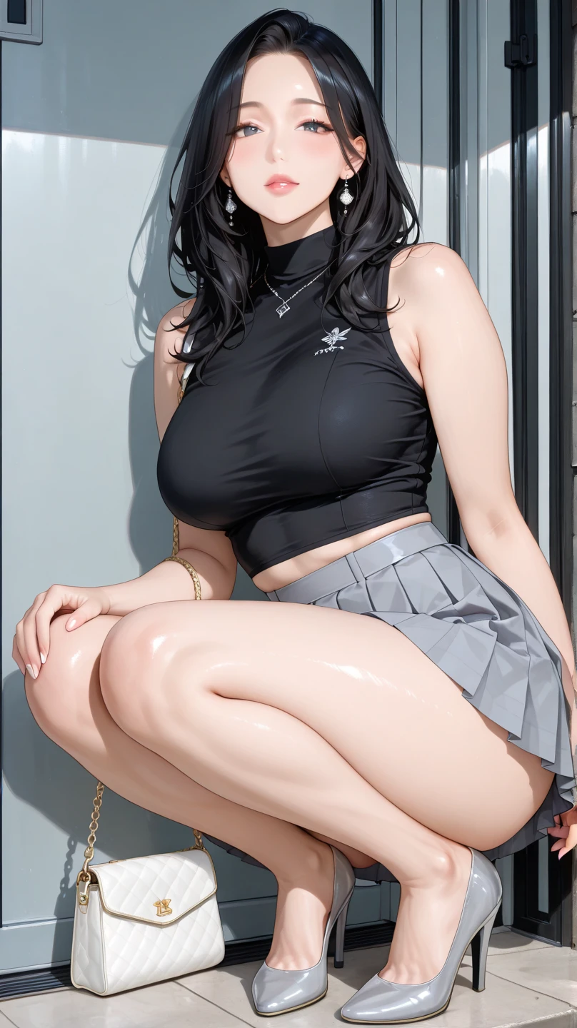 (masterpiece, best quality:1.2), Realistic, front shot, 1girl, kawaii, (super big breasts, micro waist, very long legs:1.4), Big Ass, Black hair, short bob hair, short height, scrawny and thin body, Light Skin, cute eyes, tiny slender cute face, detailed face, serafuku, miniskirt, pigeon-toed, wet and sweaty, big visible ribs, V sign, Trembling