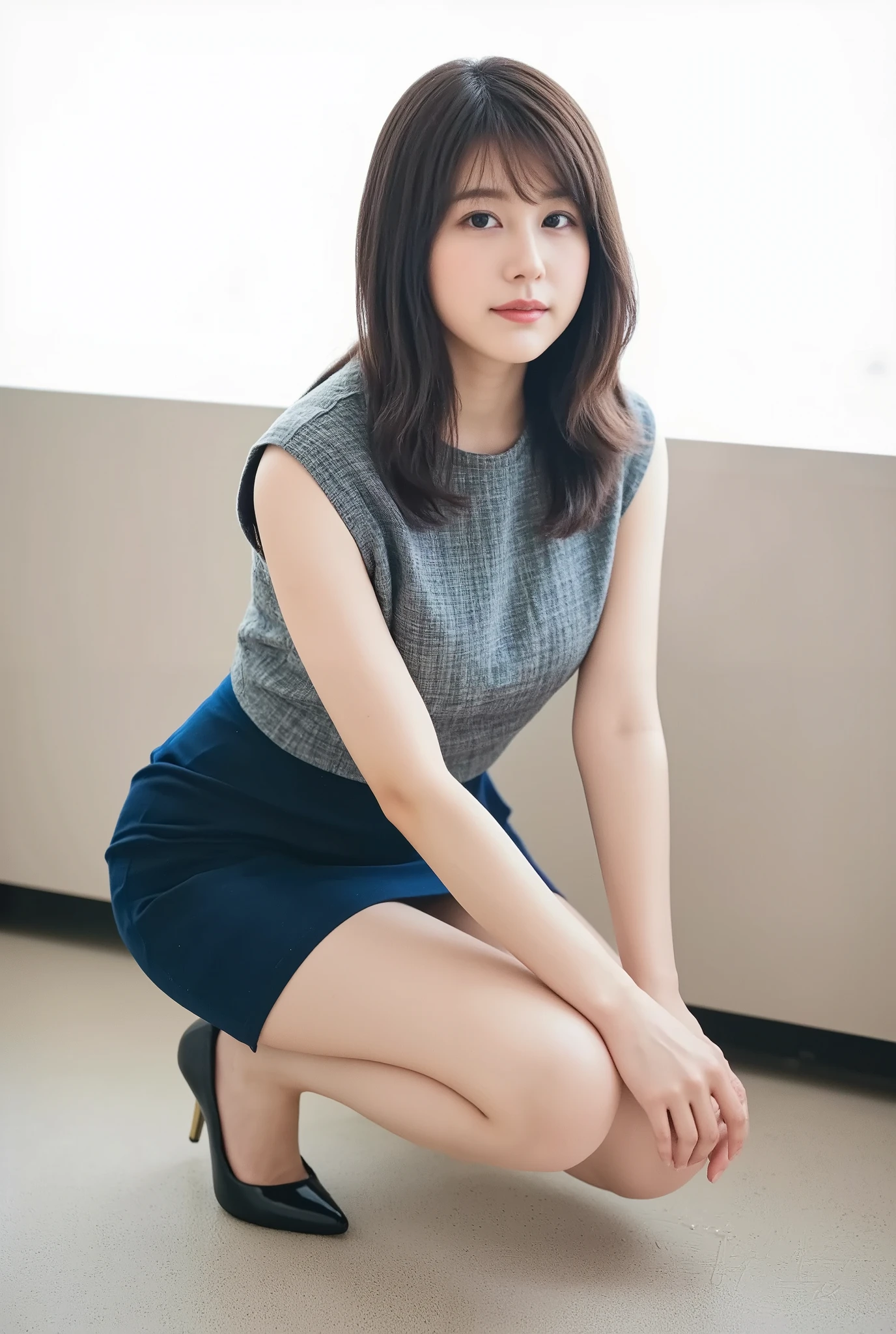 "Ultra HD. gravure photo,Focus on the lower body,Japanese office lady, OL,Arimura Kasumi wearing a well-tailored gray vest and a white blouse, Kasumi Arimura, Wearing a tight dark blue pencil skirt. she's wearing beige stockings, Her sexual looks and black high heels. her hair is semi-long, her hair framing her face, and、 she is crouching with her whole body facing me in the office, Seductive Expression. The lighting is soft, "