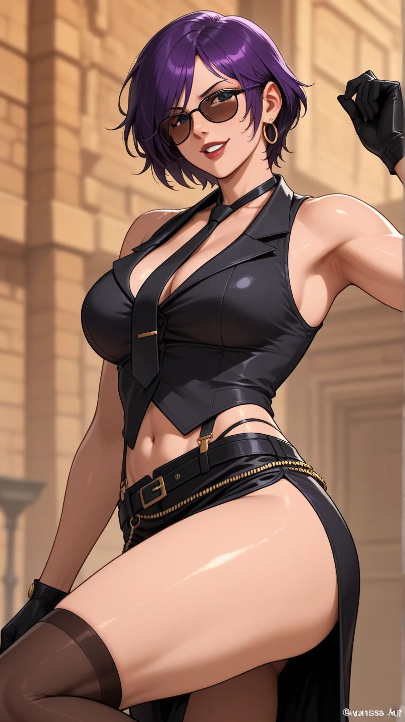 (masterpiece, best quality:1.4, anime style), illustration, 8k, hd, 1girl, solo, moxxibl2, eyeshadow, makeup, heart tattoo, hair over one eye, lipstick, cleavage, top hat, choker, fingerless gloves, fingerless gloves, fishnets, thighhighs, belt, striped, asymmetrical legwear, underwear, purple dress,