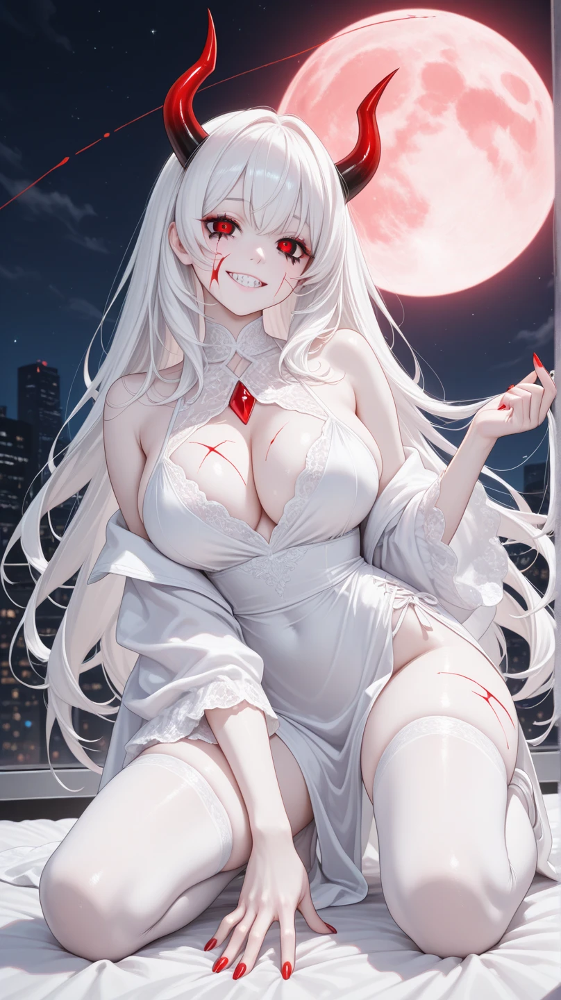 Masterpiece, Very detailed, Ultra-detailed, One, 8k, mature milf - full body view, provocatively showing off body, provocotively showing off curves, alluring, masturbation, anal, ass crack, showing off asshole, with creamy flawless skin and mature body, fully soaked wet body, long glowing white hair, blushed and seductive body and face, white flowing eye lashes, personification of beauty, goddess, seductive red eyes and women's bright red colourful bra lingerie, with huge breasts and thick thighs, around the moon and stars, terrible and terrifying atmosphere, dark atmosphere,