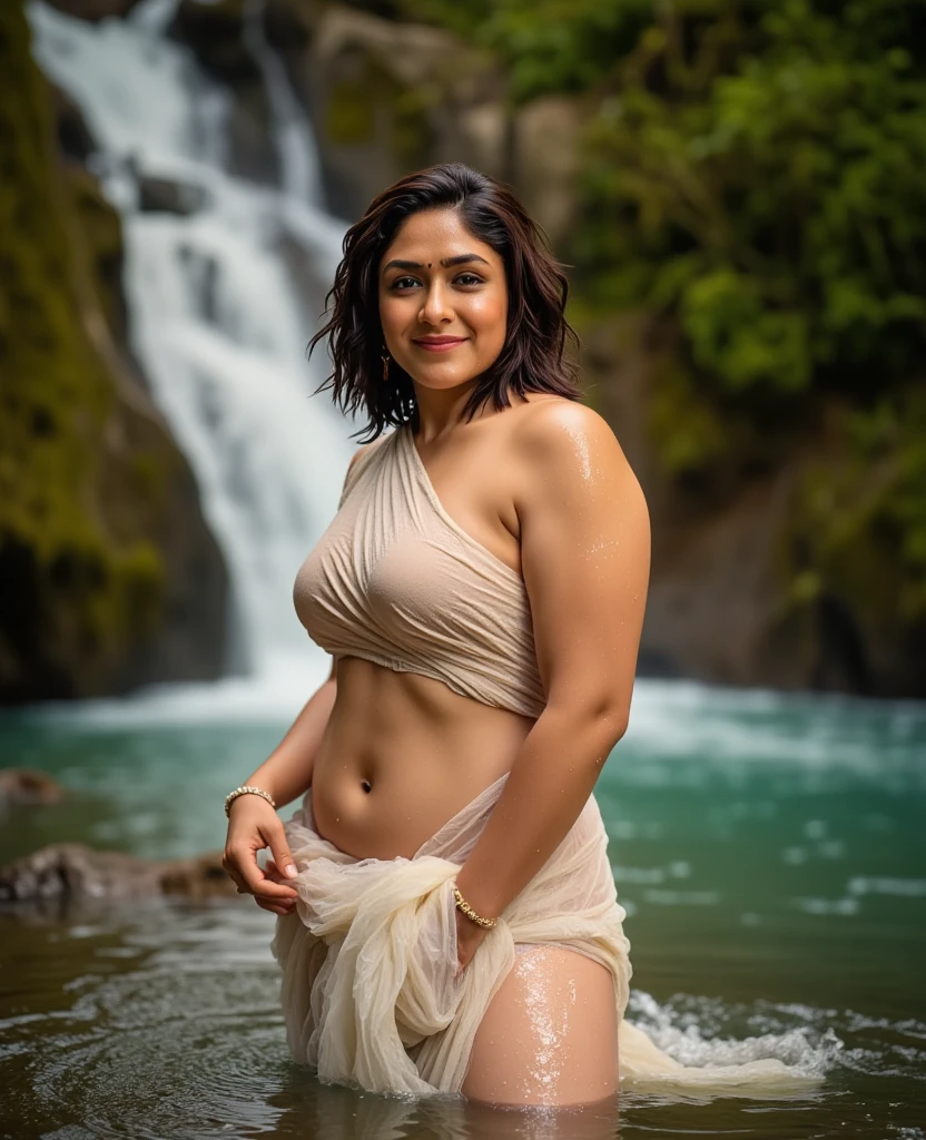 Day scene,rkps woman, close up photo of a woman from top view, posing under waterfalls, wearing bikini, perfect figure wet navel, wet swooping breasts, deep cleavage, look at viewer, (realistic:1.3), intricate details, rakul preeth singh,( perfect eyes)
