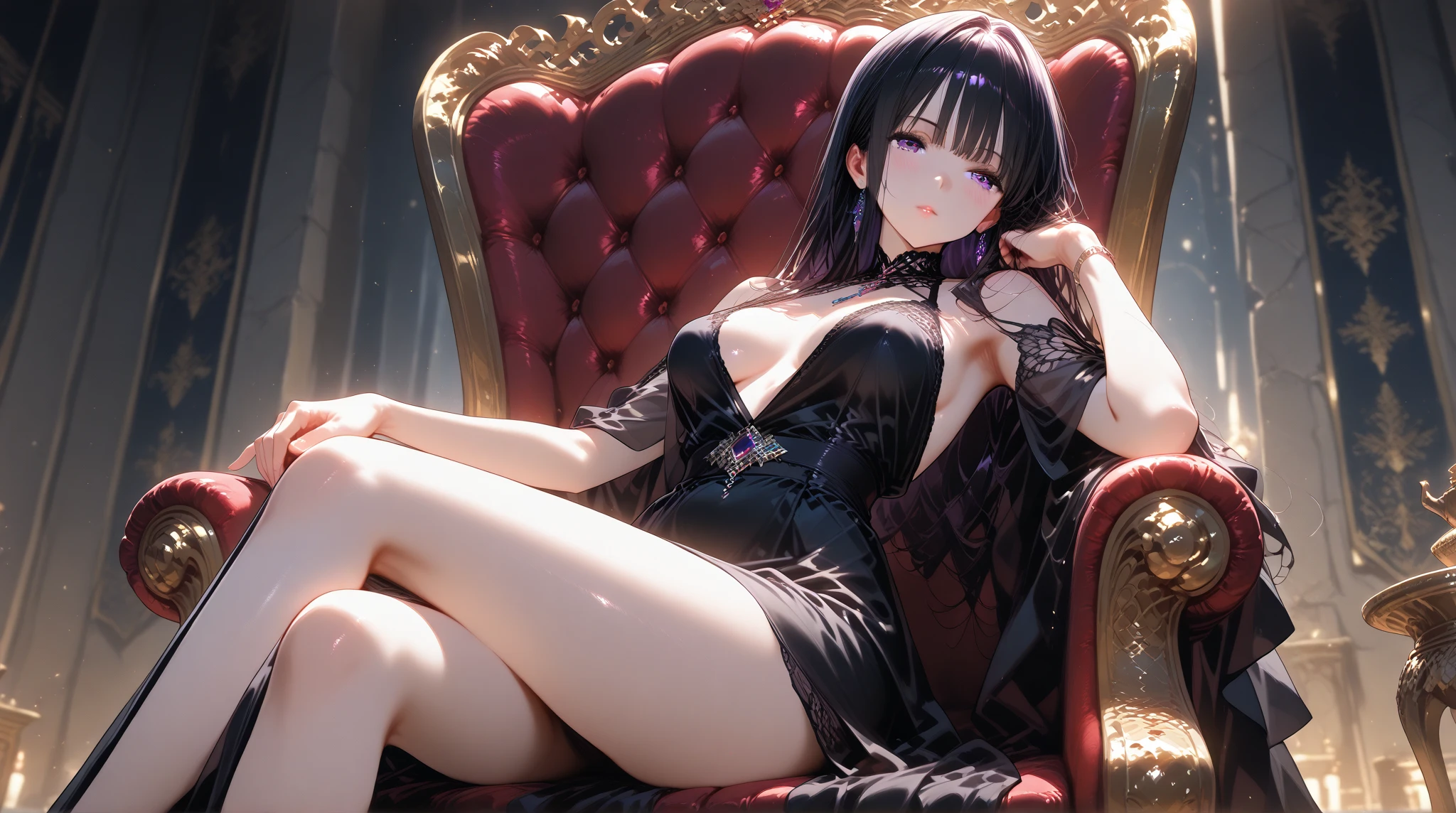 Name: Yumeko, the Umbral Whisperer
Element: UMBRANOX
Description: A reclusive and enigmatic figure, Yumeko wields the shadows as her own. With her ethereal beauty and captivating charisma, she lures her enemies into the darkness, delivering them to permanent oblivion.
Prompt: ((((Obra maestra, La mejor calidad, ultrahigh resolution)))), 1girl, mysterious, sitting, (long, black hair), (pale skin), ((purple eyes)), ((glowing_eyes)), (((ultra detailed eyes:0.7, beautiful and detailed face, detailed eyes:0.9))), ((three-quarters view)), (indoor scene, candlelit), medium breasts, looking at viewer, ((half closed eyes)), ((perfect hands)), (((head:1, shoulders, elbows, hips in view))), (( crossed legs, holding a shadowy ornament)), lively eyes, beautiful lighting, indoor, behind a throne, ((defined subject)), 25 years old, (leaning forward), ((cool)), ((mysterious)), (((high contrast, dark tones)))