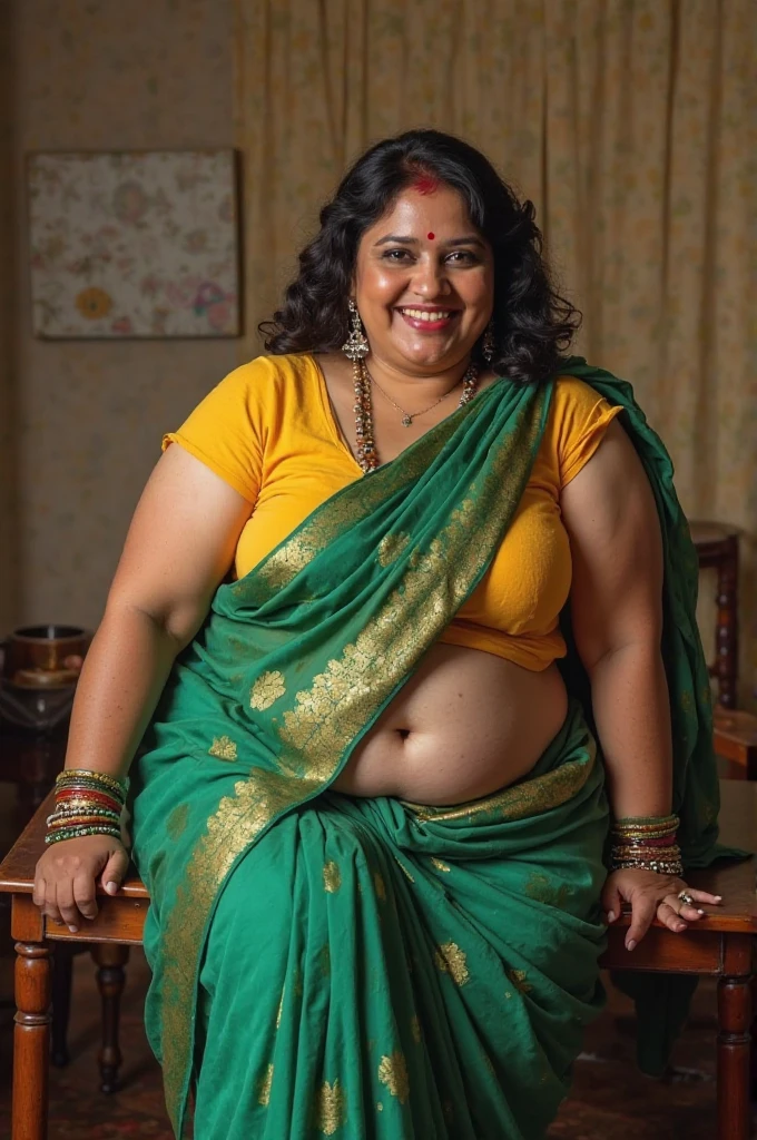 very shaved dark haircut, fully exposed forehead, elderly older mature cheeky dominatrix lady in green shirt pinned by one only ocher coloured button, overly low-rise ocher flared pants, fatty body with slightly abs, wearing a cropped top with unglued V-neck, wearing ocher coloured pants, robust fleshy female, 60 years old woman, chubby body with fresh flesh, succinct shirt with ocher buttons, alluring meaty lady, ((best quality)), ((masterpiece)), (detailed), perfect face