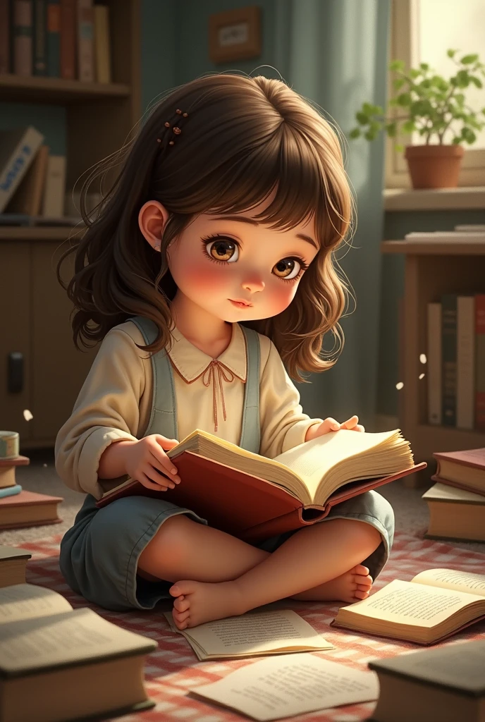 /imagine "A curious young girl with brown hair, wearing simple clothes, discovering an old dusty diary in a sunlit attic. Shadows in the background hint at a mysterious and hidden story waiting to be uncovered."