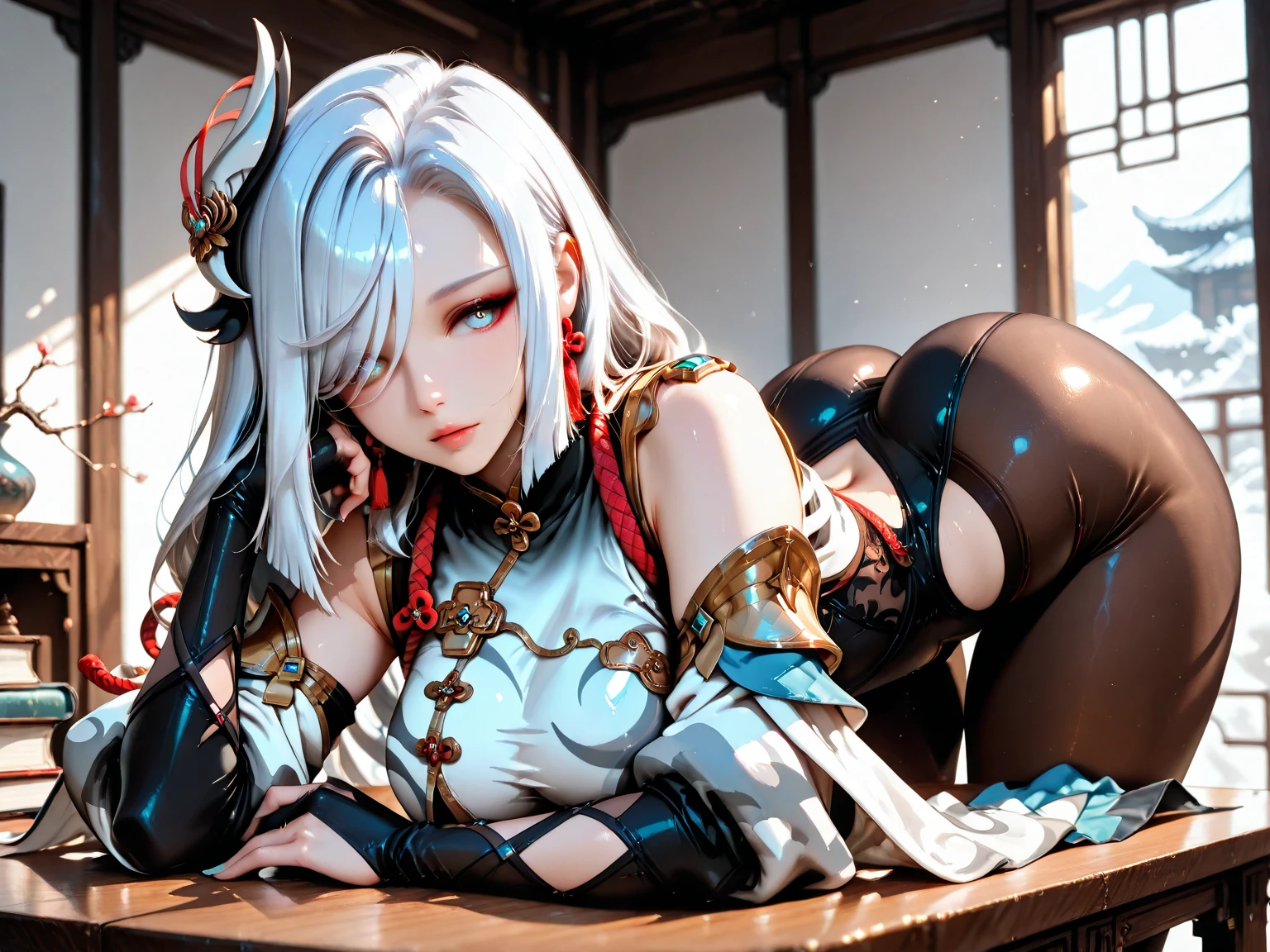 Hand of Shenhe, slender fingers cupping the upper cheek as she rests on it gently.  Detailed anime hand, slender, gentle, beautiful hand and fingers