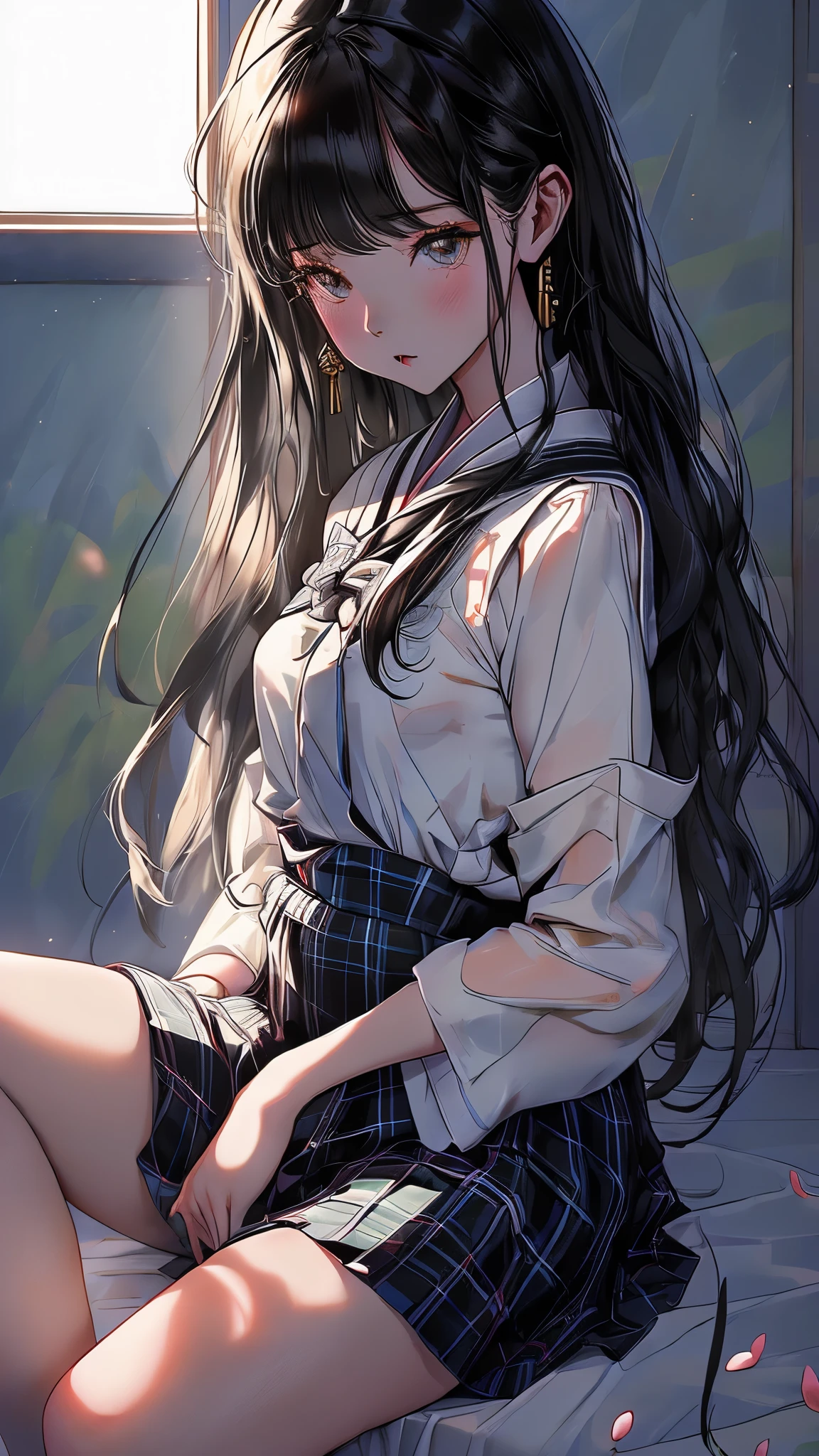 Long hair, girly, open legs, desire dissatisfaction, pure, wet all over, thin clothes, tight school uniform, short skirt, beautiful, very few clothes, naked, super detailed, super detailed --auto