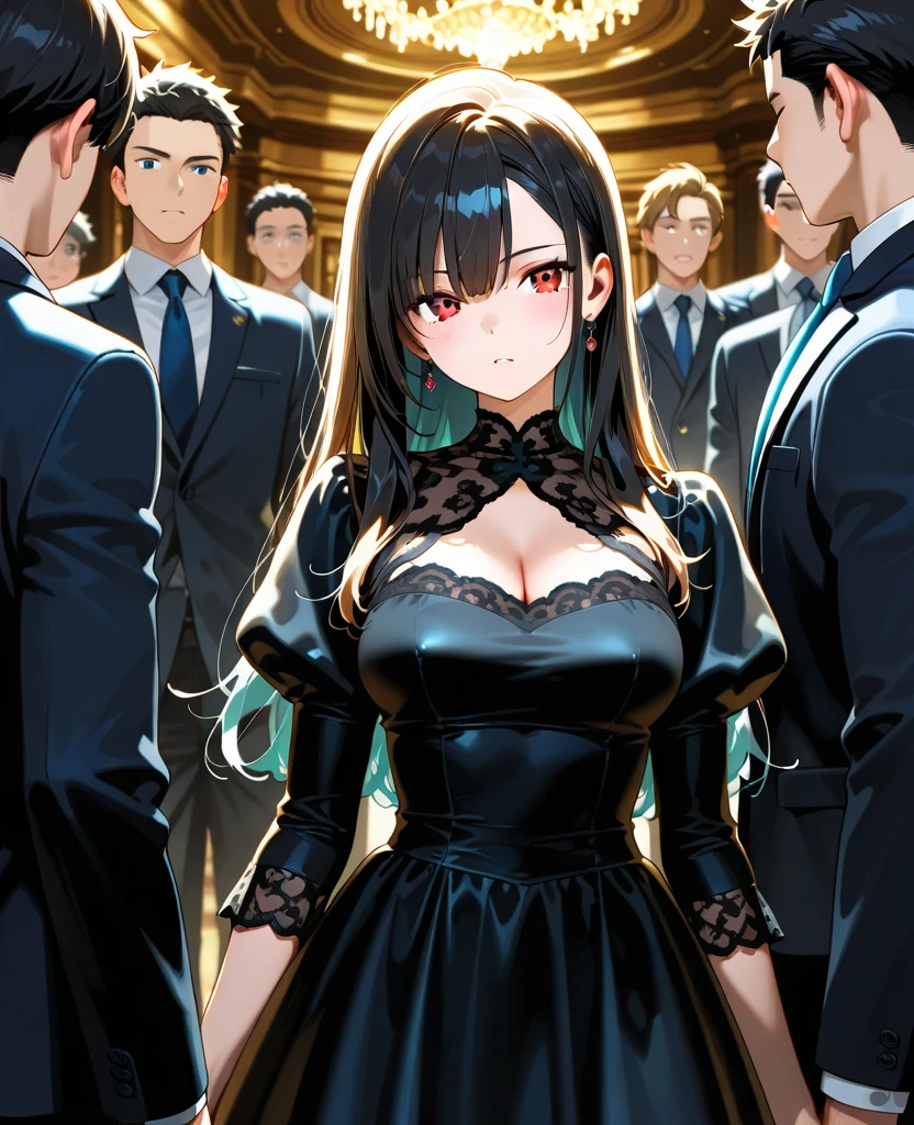 (show bra:1.8),(Neat women in formal wear in the hotel lobby.:1.3) They are wearing pearl necklaces and earrings. They carry small black bags.beautiful eyes.One female voice is wearing a party dress revealing her shoulders.Beautiful face. Small but beautiful breast shape. A little cleavage is visible.There are a lot of people around.Dresses in different colours and shapes.,asian girl