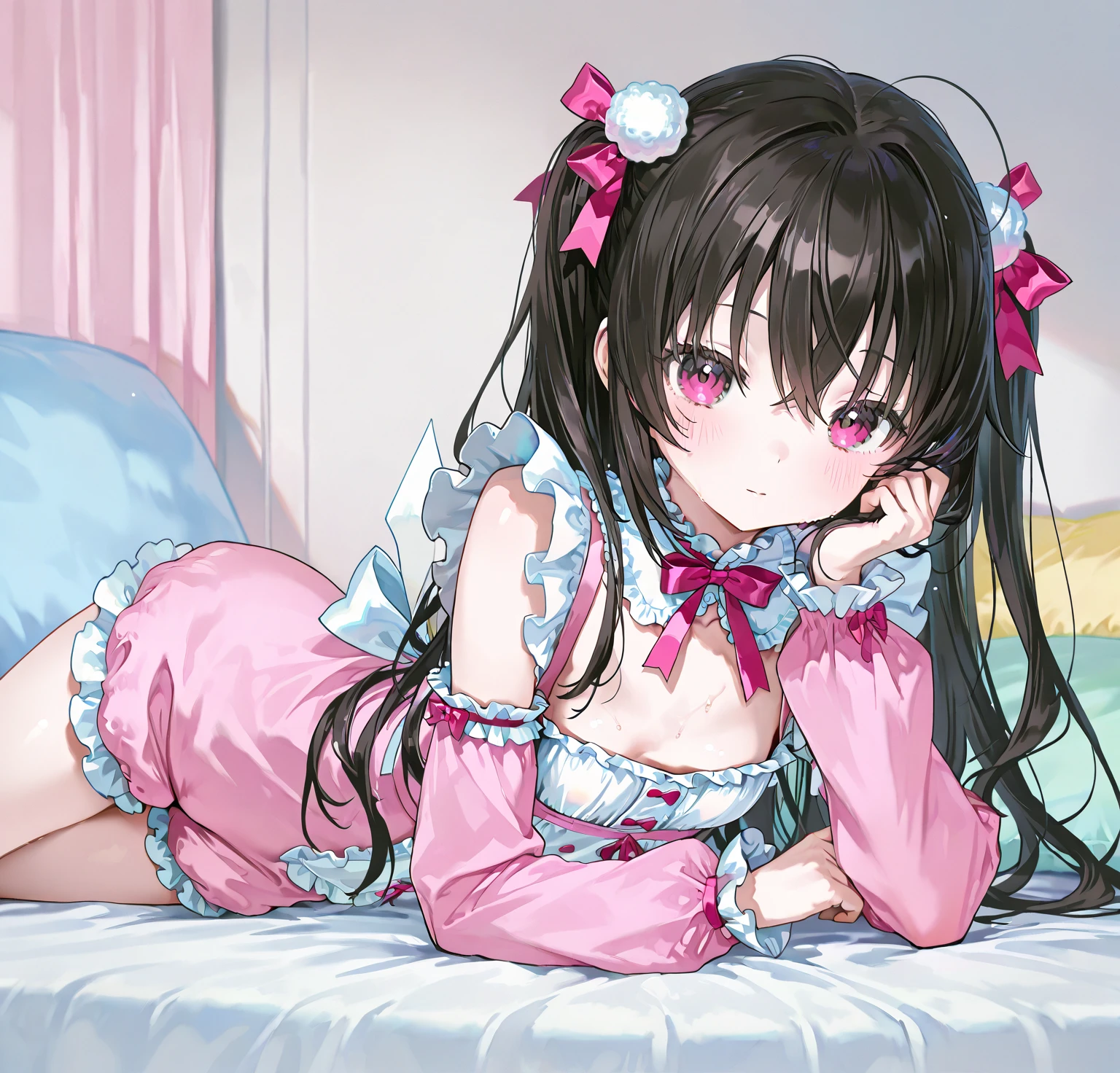 front view,1girl,Beautiful girl at ,Japanese,Slender,small breasts,Babymall face,Black Hair,Row Twin Tails,Gray Eyes,Drooping eyes,middle School girls,Sheer black and pink negligee,lingerie,open mouth,tongue out,front face,Lying in bed,Lying on your back,Beautiful and detailed anime art,A greedy look,front view,high angle, looking at viewer, looking ahead, from above,face focus,Sexy vibe,cum on toe,Dimly lioom,Beautiful room,On the bed,blurry background