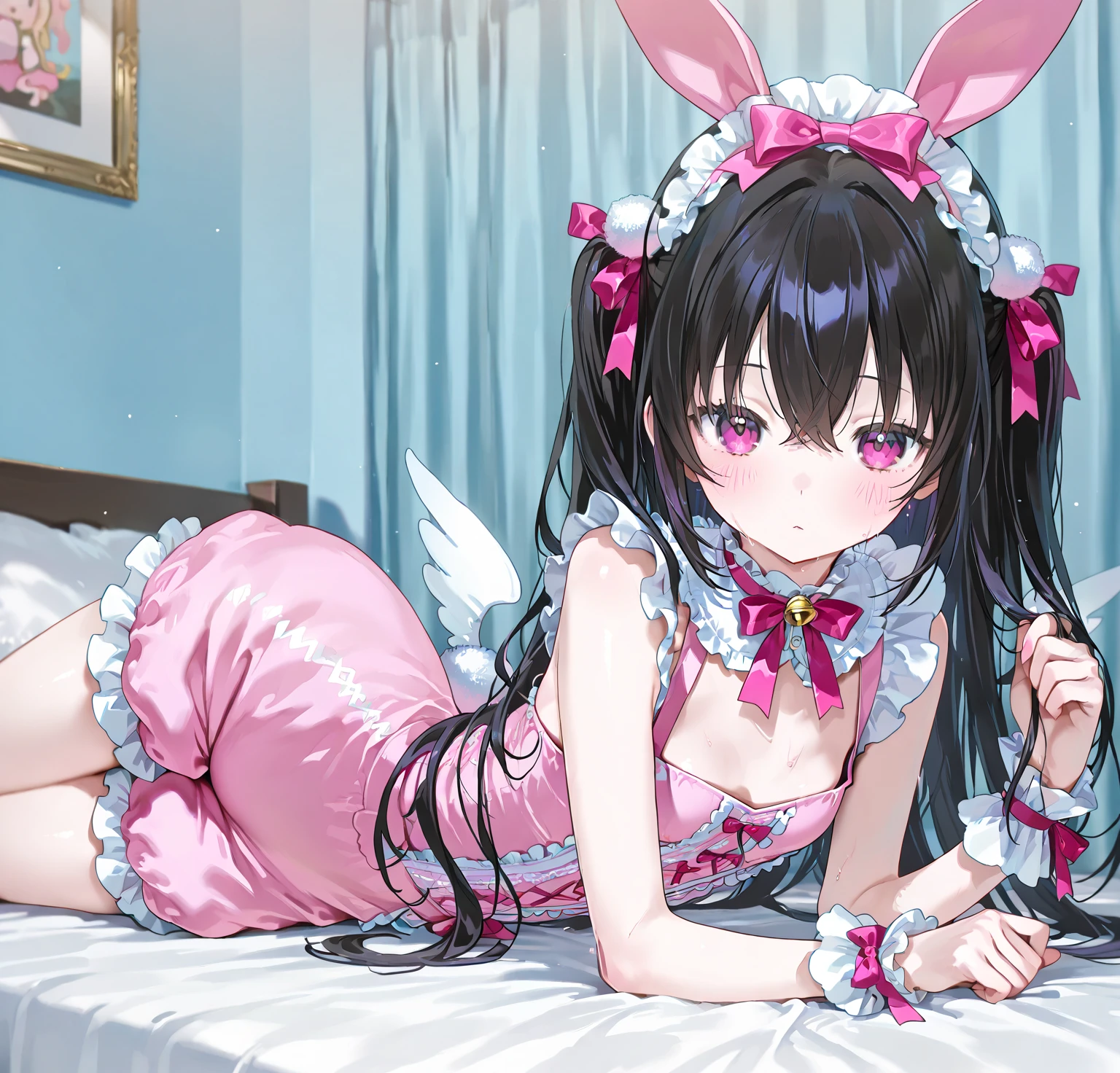 Dragon Quest 5、1girl, Tall、(Angle from below:1.8)、((evil grin)), ((deborah)), ((Short dress in pink color))、Red flower hair ornament、The shape of the chest is clearly visible、small breasts, (thighs), ((Wearing a white fluffy fur around their neck))、((black lace panties))、Forehead、 Long black hair、Slender、((close up crotch)), Thighs、In the hotel bedroom、footjob, (she is standing and footjob), One leg raised、