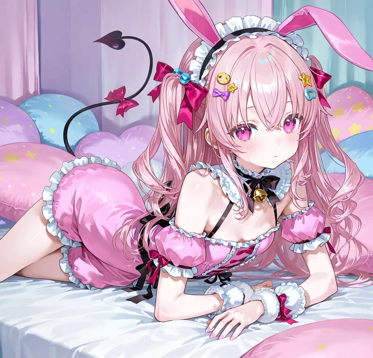 1girl, solo, rabbit ears,, black rabbit ears, bunny-girl outfit, playboy bunny,, impish smile, ,flat breasts,(flat chest, ), leotard, pantyhose, black pantyhose, rabbit tail, indoors, on bed,,twintails,pink_hair,sazanami (kancolle)
,masterpiece, best quality,