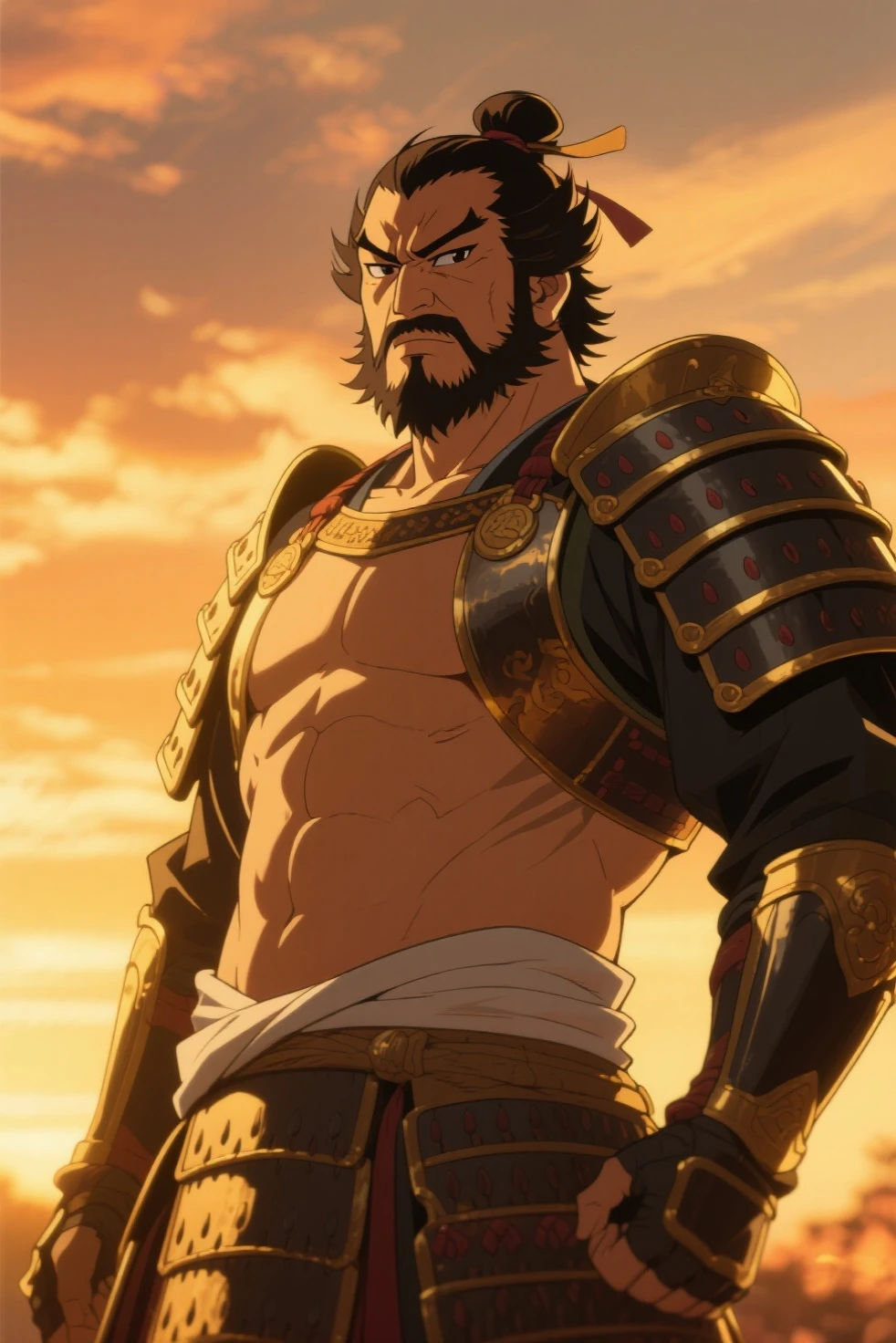 A role-playing character with a backpack and sword on his back messy hair Japanese eyes arrogant strong physique with a king&#39;s skull on his face