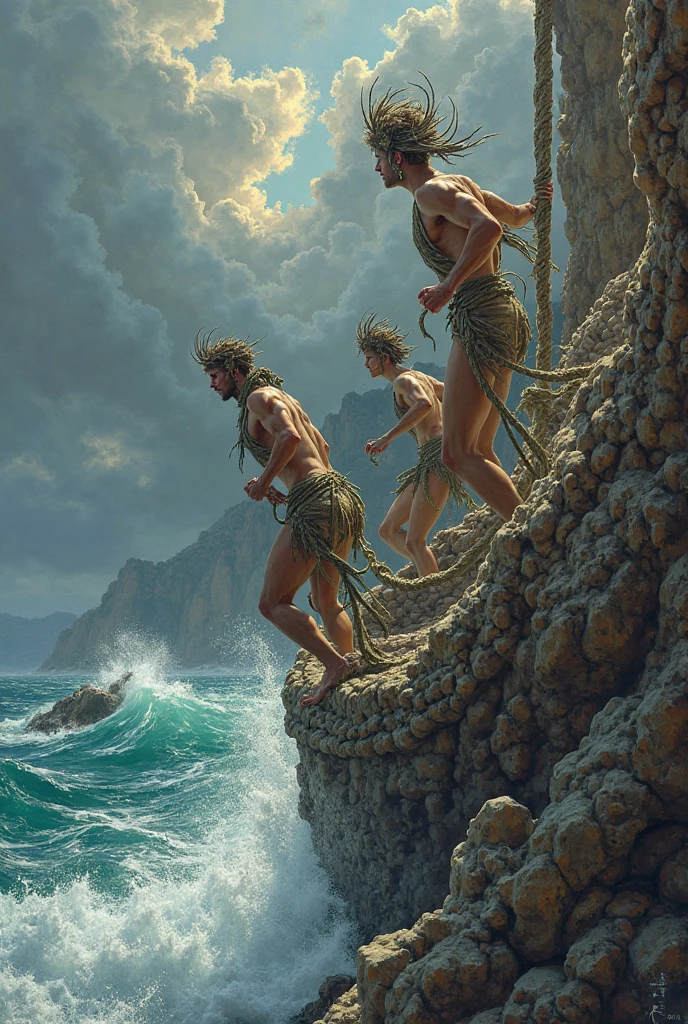 "Sebastian being rescued by Antonio on a rocky shore, Antonio showing concern and care, shipwreck remnants in the background."