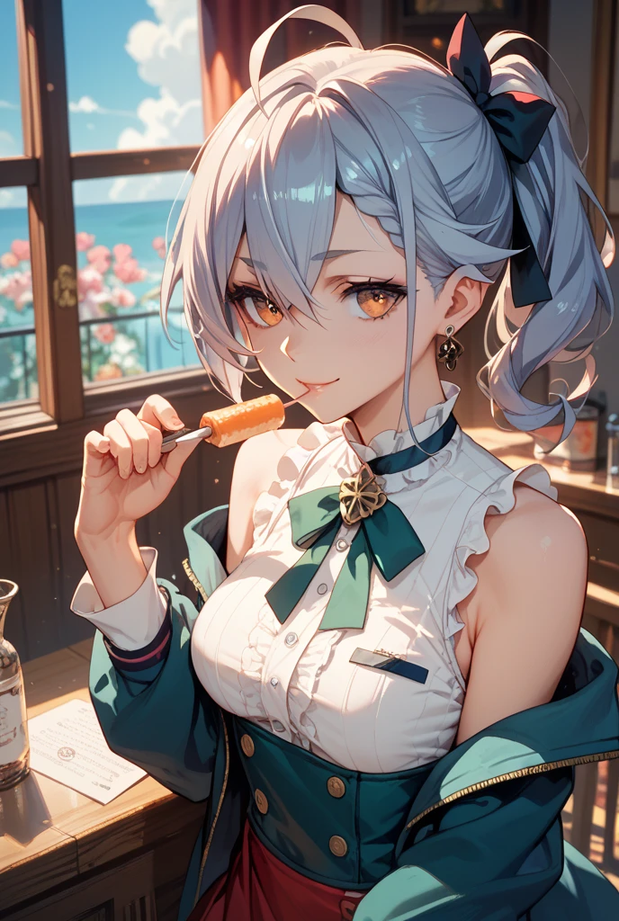 (((best quality)), ((masterpiece)), (details), masterpiece, best quality, high quality, ulutra detailed, perfect face, ((1girl, blue eyes, cat ears: 1.3 silver bob hair: 2.5,)) 、Shiny Hair、Glowing Skin、blush、Lustful look、breakfast、Japanese food、sleepy