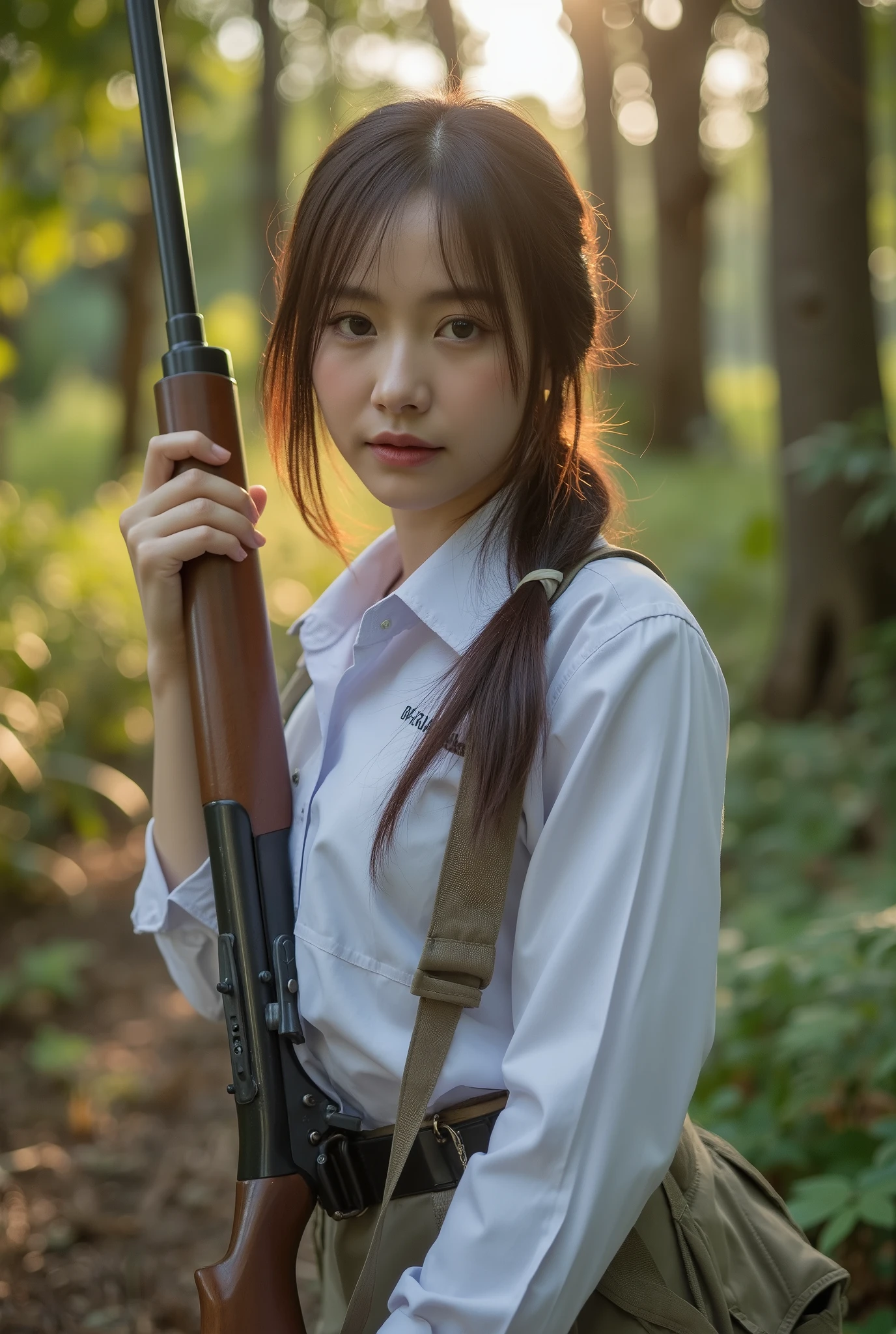 cinematic movie image high resolution, full body action portrait of a very beautiful thai modeling, sharpen eyes, white smooth and luminous skin, wearing white shirt hiking outfit, background is deep primeval forest, at noon time, she holding hunter riffle gun
