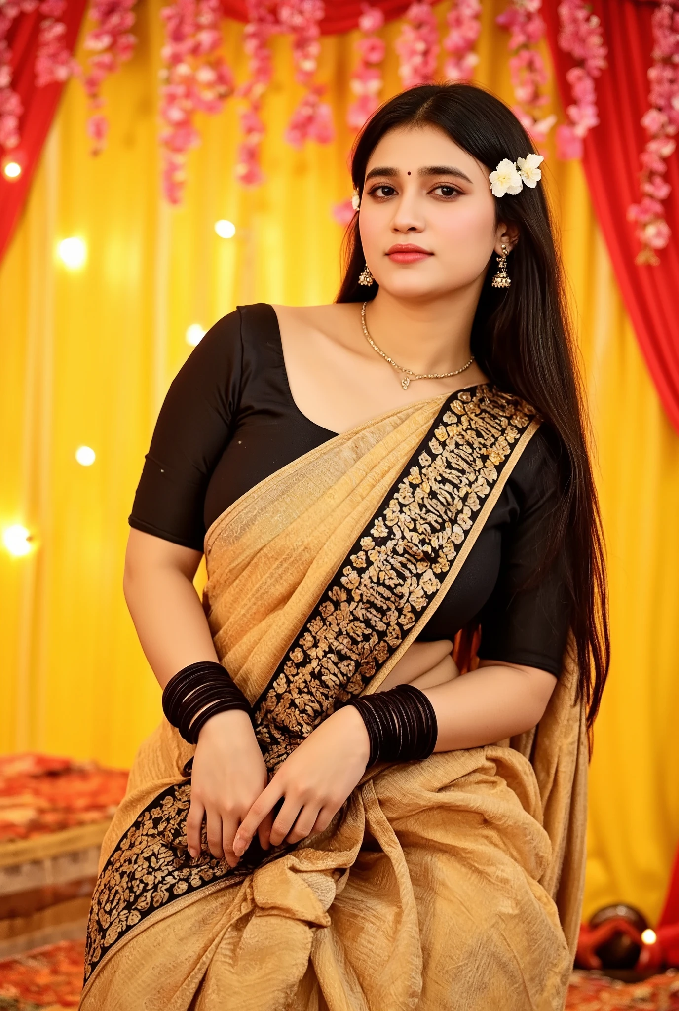A little fat curvy woman with long, straight hair is wearing a traditional outfit consisting of a black blouse and an intricately embroidered golden saree. Her jewelry includes large earrings and multiple black bangles. She is posing slightly sideways while holding a purse, in an indoor setting decorated with vibrant yellow and red drapes, complemented by cascading pink flowers. The lighting is warm, creating a festive and elegant atmosphere.