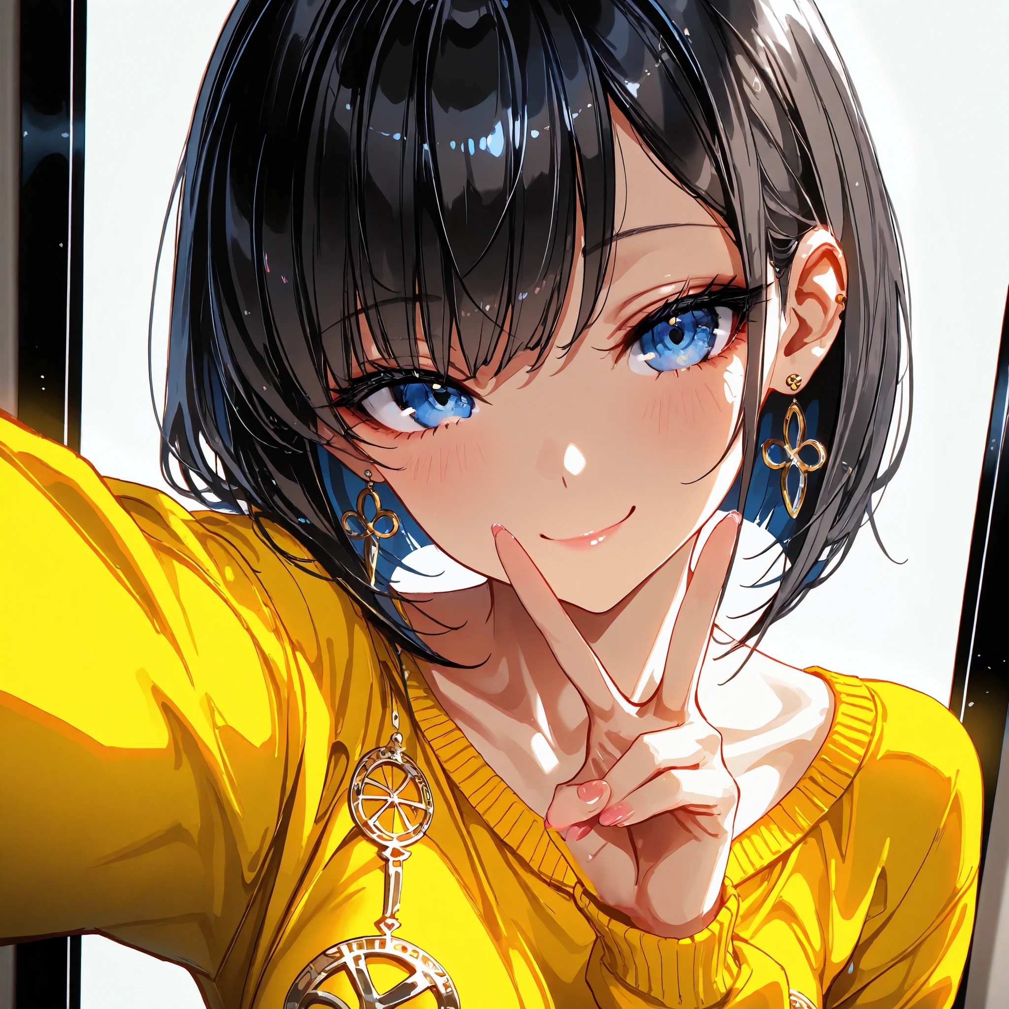 Masterpiece, top quality, absurd, high resolution, cinematic composition, ultra detailed, high quality,Perfect anatomical structure ,1girl, solo,selfie,Peace Sign,upper body,yellow sweater dress, seductive smile,bob cut,black hair,Earrings