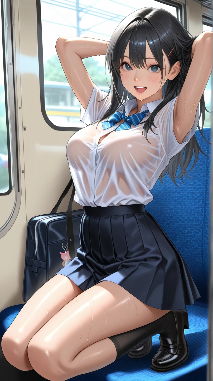 table top, highest quality,One beautiful Japanese 38 year old,Silver Straight Long Hair、Recruit suit,office lady.pencil skirt、mini skirt,light blue shirt、Unbuttoning a shirt、 Train chair、sitting、open your legs to the left and right、light blue lace panties light blue lace bra、beautiful breasts、nipple、stiletto heels、Low - Angle、stick out tongue、