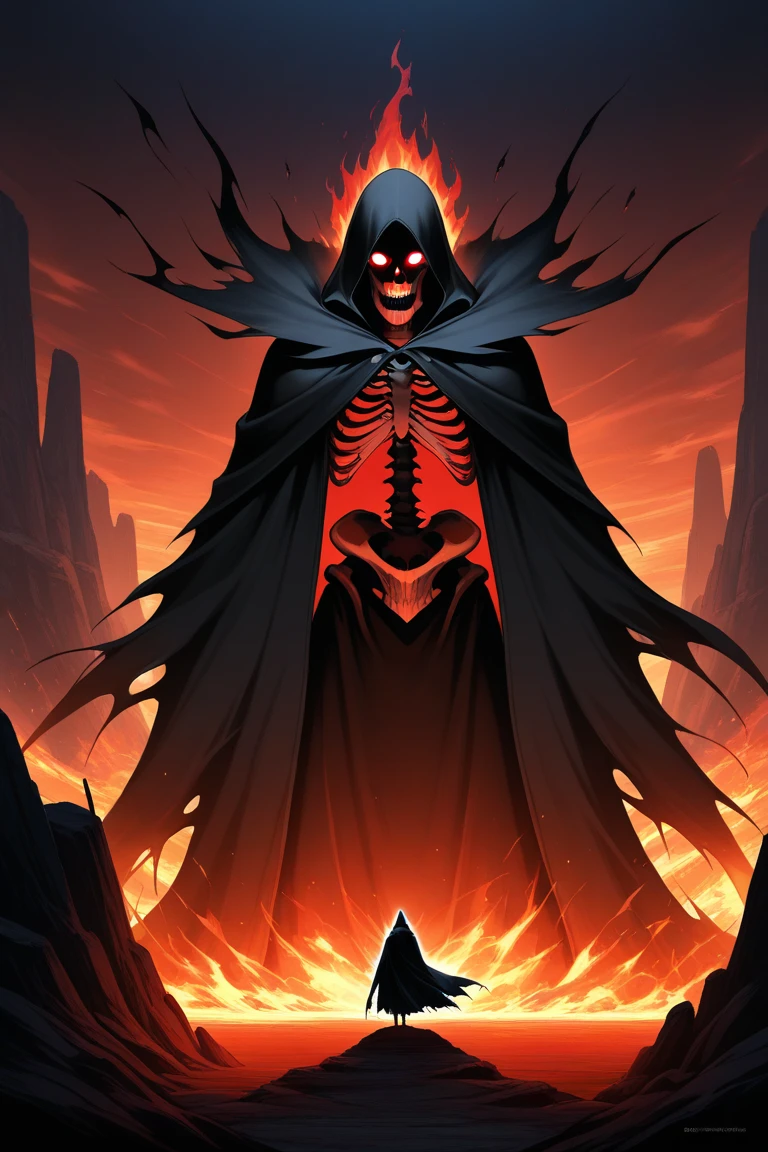 a cartoon of a skeleton with a demonic face and a demon on top of him, king of reaper time, omen of valorant, duelist style, 6 Billion Demons Style, ceifador de overwatch, the king of death, the reaper as a scary, dead cells, chaos nightmare ❄️ amour venom, of the supreme lord, background art, Darker dungeon art style
