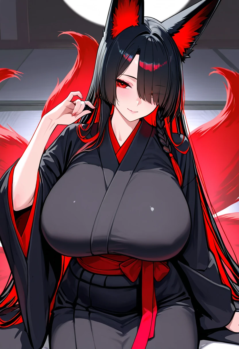 1girl, solo, oni girl, japanese kimono, large breasts, Black kimono, bare shoulders, Cleavage, Demon Horns, Long, sharp claws, tooth, 